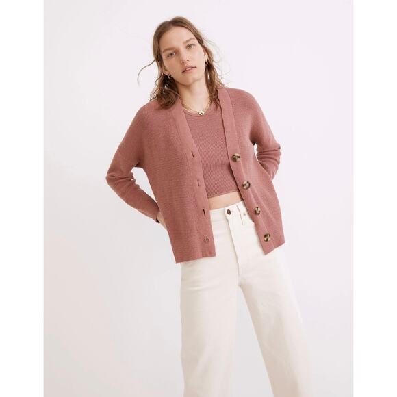 Madewell Pink Knit V-Neck Slouchy Cardigan Big Button Sweater Small Cozy Fit - Picture 1 of 8